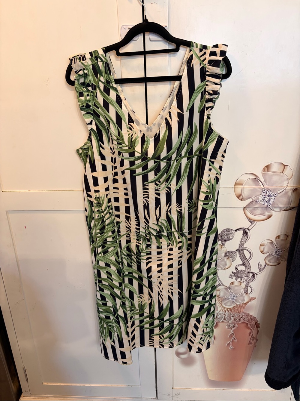 Carolina Belle Black, Cream & Green Leaf-Print Midi Dress